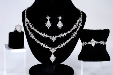 CZ Diamond Bridal Blossom Double Layer Jewelry Set, Long Bridal Earrings, Bracelet, Ring And Necklace, Statement Earrings Cz Necklace Set.